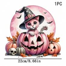 1/2/3PCS Stiker Transfer Panas yang Dapat Dicuci dengan Air, Anak Kucing Merah Muda Memakai Topi Penyihir Bersembunyi di Dalam dengan Kelelawar, Tengkorak, dan Daun Maple, Pola Kartun Halloween yang Manis, Cocok untuk Kaos, Tas, Bantal - Beraneka warna - View 9