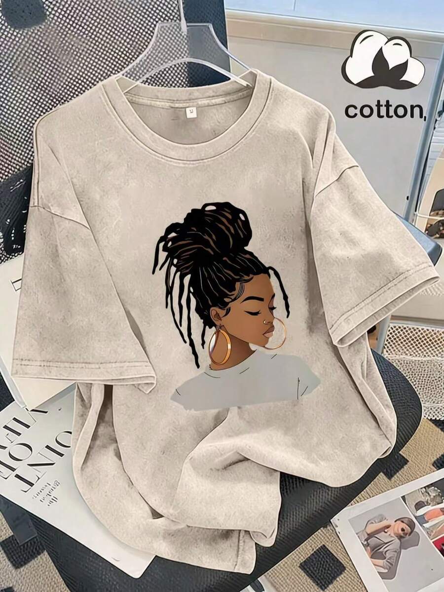 2026 Summer Women's Casual Short Sleeve T-Shirt, Hot Girl Portrait Print, Washed Cotton Crew Neck Tee, 100% Cotton Everyday Wear, Available S-3XL - 杏色 - 查看 1