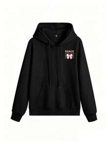 Sweet Girl Style Multi-Layer Dance Letter Bow Print Hooded Sweatshirt, Loose Pullover Sweatshirt With Back And Double Sleeve Ribbon Graphic, Versatile Streetwear Top For Girls - Black - View 3