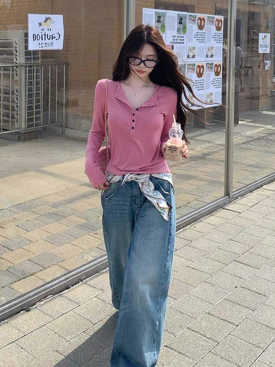 Half-Open Collar Solid Color Button Long Sleeve T-Shirt Early Autumn Design Women's Top - Hot Pink - View 1