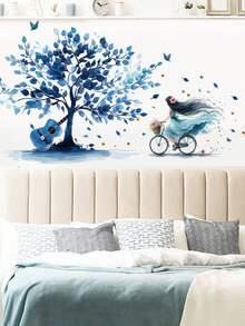 1pc/2pcs/3pcs, Children's Room Cartoon Decorative Wall Stickers, Autumn Maple Tree With Small Animals, Flowers, Owl, Bear, Fox, Hedgehog, Girl Riding Bike Under Blue Tree, Green Cartoon Big Tree, PVC Self-Adhesive Removable Wall Stickers, Suitable For Bedroom, Living Room, Study, Dining Room, Bathroom, Home Wall Decor, Room Decoration - Multicolor - View 4