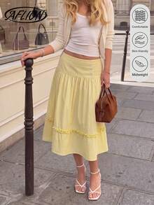 Women's Summer Casual Yellow High Waist Ruffled Midi Skirt, Button Detail Tiered Flowy Skirt - Yellow - View 1