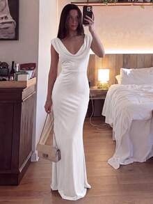 Basrey Neues elegantes weißes einfarbiges Maxikleid mit Taillenbindung, V-Ausschnitt und offenen Schultern, geeignet für Hochzeiten, Partys und formelle Anlässe im Frühling - Weiss - Übersicht 3