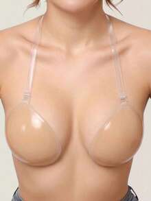Invisible Gathered Bra, Strapless Transparent Halter Neck Style, Suitable For Backless Dresses And Wedding Gowns - Apricot - View 3