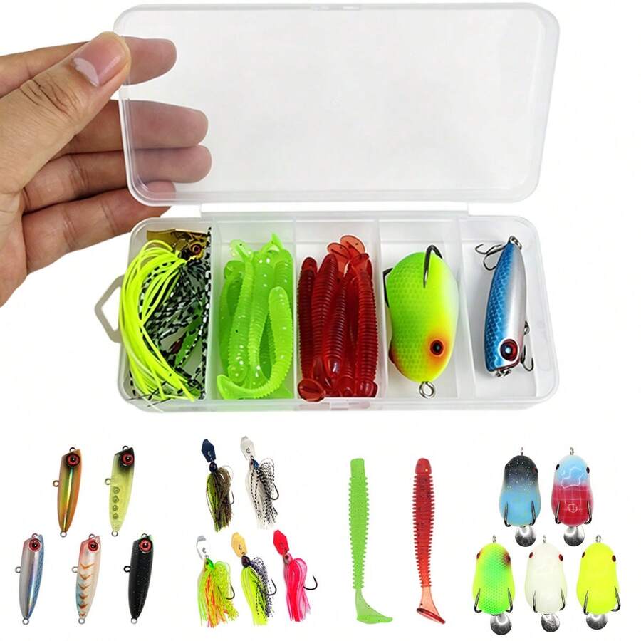 Complete Bass Fishing Lure Kit With TPE Paddle Tail Soft Baits, Jig Skirt, Topwater Frog, Hard Minnow Bait Portable Storage Box Freshwater Saltwater Predator Fish Angling Tackle Set - Multicolor - View 1