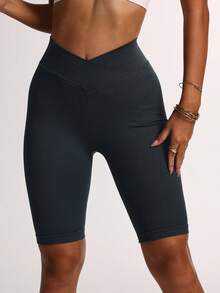 Leggings deportivos de punto sin costuras con cintura en V hasta la rodilla, cintura alta sin enrollamiento, suaves y amigables con la piel, para yoga, fitness y uso casual diario - Gris - Ver 9