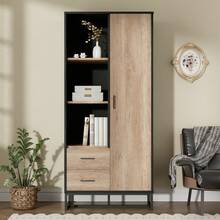 Modern Highboard Cabinet In Wood Effect With Black Frame, Door, 2 Drawers And 3 Open Shelves For Living Room, Office And Hallway - Black and Brown - View 6