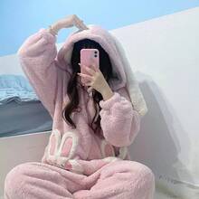 Coral Velvet Onesies Women Cute Rabbit Kigurumi Unicorn Preppy Cartoon Hooded Kawaii Thicker Winter Warm Cotton Pajamas Homewear - Multicolor - View 4