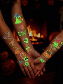 12pcs Halloween Glow-In-The-Dark Temporary Tattoo Stickers, Cute Cartoon & Scary Designs, Waterproof Face And Body Decals For Halloween Family Party, Cosplay, Face And Body Decoration - Multicolor - View 3