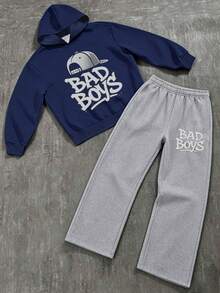 2pcs/Set Street Hip-Hop Boys Outfit, Bad Boys Baseball Cap Graffiti Print Hoodie Sweatshirt With Grey Melange Sweatpants, Soft Autumn Daily Wear - Navy Blue - View 2