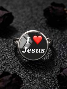 1PC Minimalist Letter Jesus Pattern 316 Stainless Steel Open Ring Suitable For Women's Daily Wear - Black - View 5