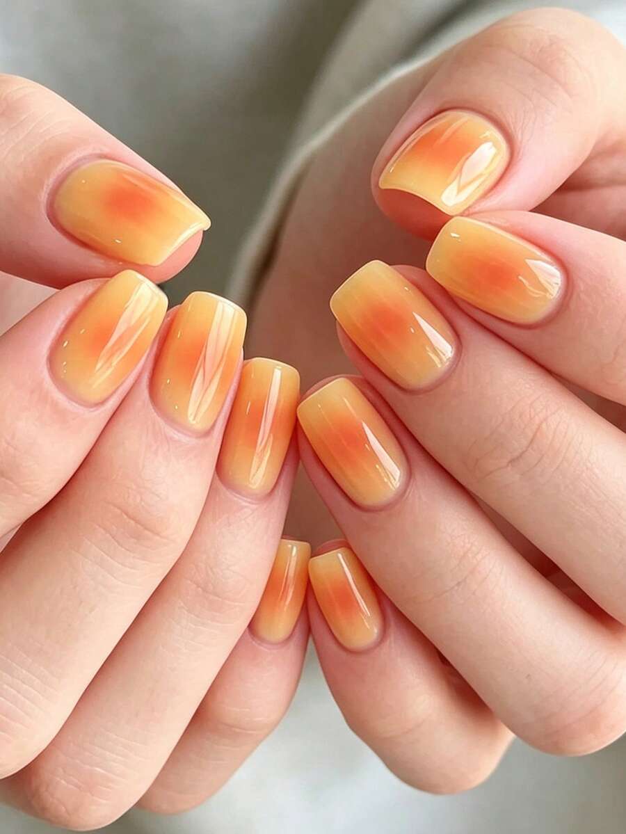 Show Your Beauty 24片短方型經典優雅黃橙漸層紮染亮面亮色顯白假指甲 時尚百搭穿戴甲 適合約會派對 春夏秋冬 女士女孩日常佩戴 可拆卸式穿戴甲組含果凍膠與指甲锉 易佩戴耐用 果凍膠隨機發送 - 黃色 - 查看 1