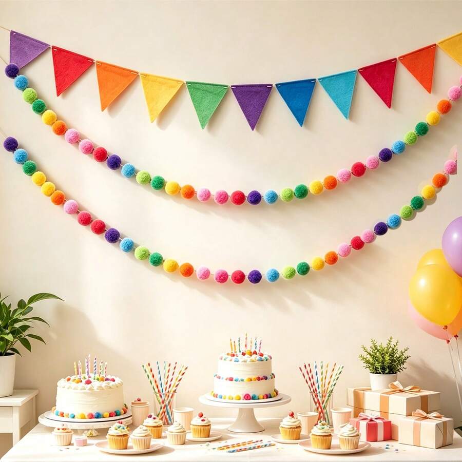 1 Set Rainbow Felt Banner With Pom Poms And Flower Balls, Felt Triangle Flags Party Decoration Hanging Banner, Suitable For Garden, Office, Classroom Wall Hanging, Birthday Home Party Decoration Colorful Flags - View 1