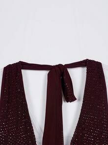 PORRCEY Women's Elegant Deep V-Neck Heavily Embellished Rhinestone Fitted Red Cocktail Evening Gown, Suitable For Party, Wedding - Burgundy - View 6