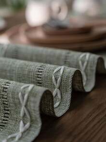 1pc Sage Green & White Woven Striped Table Runner, Rustic Country Style, Blended Material, Long Rectangular Shape With Tassel Edges And Woven Craftsmanship Details, Decorative Functional Table Runner For Daily Home Dining Table Arrangement And Fresh Natural Restaurant Decor Scenes - Green - View 4