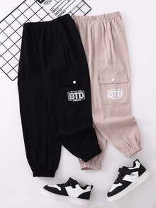 Boys' Spring/Summer Solid Color Cargo Jogger Pants, Khaki/Black, Durable Drape Fabric With Letter Print And Cargo Pockets, Multi-Color Options, Versatile Streetwear For Daily Outings, School Activities, And Outdoor Leisure - Multicolor - View 8