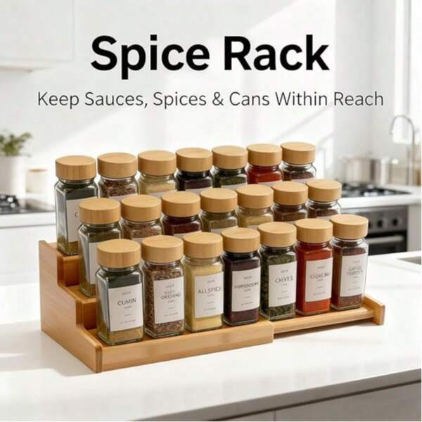 1pc Multi-Functional Mini Bamboo Display Rack, Suitable For Kitchen Spice Storage, Doll & Figurine Storage, Expandable Storage Rack