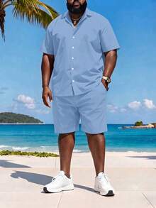 Plus Size Men's Shirt Set, Short Sleeve Shirt And Shorts 2-Piece Set, Solid Color Machine Washable, Plus Size - Baby Blue - View 3