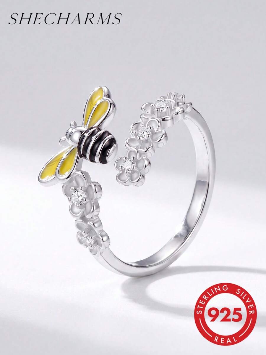 1 pieza Anillo abierto de abeja de plata de ley 925 de moda, con incrustaciones de strass, estilo para mujer, adecuado para uso diario y accesorio de fiesta, anillo de alta calidad - Estilo 3 - Ver 1