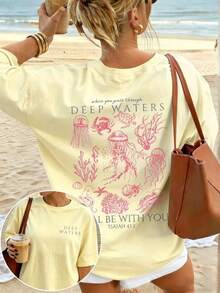 Cute Marine Life Print Women's Loose T-Shirt, Round Neck Short Sleeve Summer Top, Vintage Street Style Washed Cotton Graphic Tee For Vacation Daily - 杏色2 - 查看 7