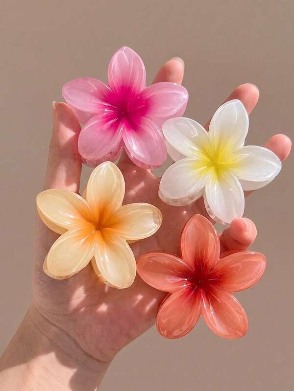 4pcs/1pc Hibiscus Flower Jelly Hair Clips, Orange/Yellow/Pink/Red, Plastic Bathroom Hair Accessories, Daily Outings, Casual, Party, Commuting, Beach Vacation, Ponytail, Bun, Face Washing, Makeup, Spring/Summer Hair Clips, For Girls