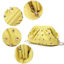 Vintage-Style Pleated Clutch With Rivet Decoration, Ruffled, Cloud-Patterned Beach Bag For Women, Fashionable Clutch Handbag With Chain Strap - 黃色 - 查看 5