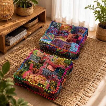 Bohemian Style Pom Pom Decor Square Thickened Seat Cushion, Breathable Soft Thickened Back Cushion Suitable For All Seasons, Suitable For Living Room, Bedroom, Office, Outdoor, Car Interior And Other Home Decor, Outdoor Mat, Sofa Cushion, Chair Pad