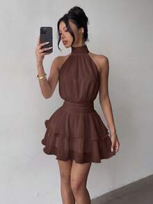 Elegant Fashion Halter Neck Backless Layered Ruffle Mini Dress - Wedding - Brown - View 4