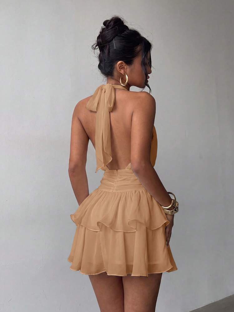Gaun Mini Berenda Berlapis Tanpa Punggung dengan Leher Halter yang Elegan, Cocok untuk Liburan Pantai, Liburan Musim Panas, Acara Santai, Festival, dan Wisuda - Khaki - View 6