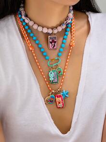 1/3 Pcs Beaded Statement Necklace For Women, Western Cowboy & Ocean Enamel Charm Pendant, Boho Colorful Strand Summer Beach Vacation Jewelry Gift - Multicolor - View 1