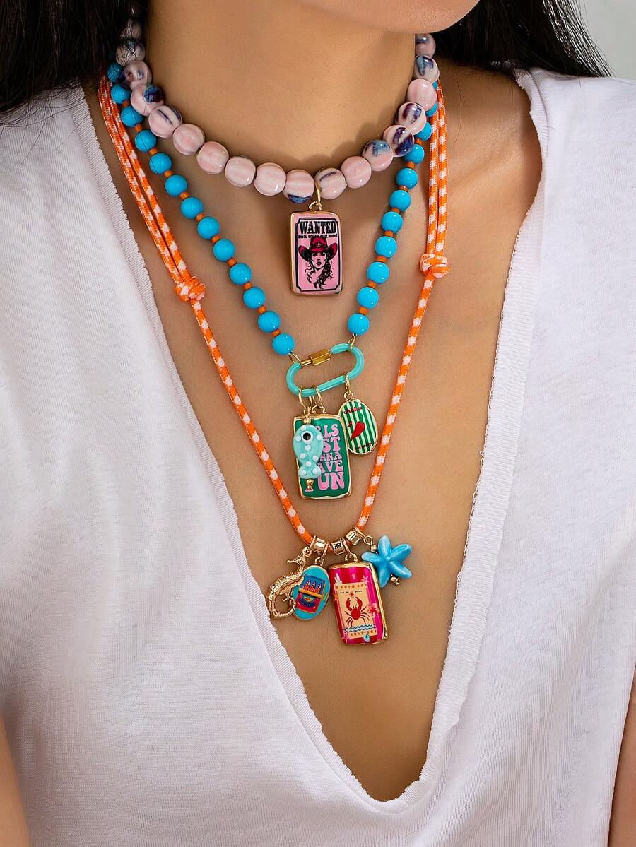 1/3 Pcs Beaded Statement Necklace For Women, Western Cowboy & Ocean Enamel Charm Pendant, Boho Colorful Strand Summer Beach Vacation Jewelry Gift - Multicolor - View 1