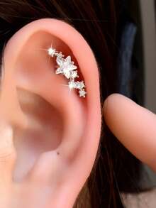 1pc 316L Surgical Grade Stainless Steel Cubic Zirconia Star Stud Earring, Elegant Flat Back Threaded Piercing Jewelry, Suitable For Cartilage Helix Tragus, 18K Gold Plated, Non-Fading, Hypoallergenic, Sleeping Earring - A Stainless Steel Round Star Earring - View 1