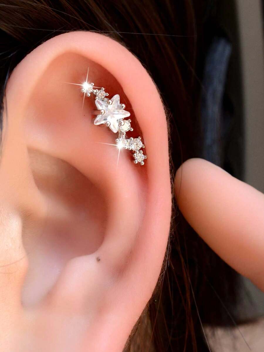 1pc 316L Surgical Grade Stainless Steel Cubic Zirconia Star Stud Earring, Elegant Flat Back Threaded Piercing Jewelry, Suitable For Cartilage Helix Tragus, 18K Gold Plated, Non-Fading, Hypoallergenic, Sleeping Earring - A Stainless Steel Round Star Earring - View 1