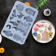 Halloween Theme Silicone Baking Molds: Includes Classic Holiday Shapes Like Pumpkin Lantern, Bat, Spider, Witch Hat, Tombstone, Haunted House, Mummy And More 3D Designs, Suitable For Making Chocolate, Candy, Pudding, Cookies Or Cake Decorations. Made Of Silicone Material, Wide Temperature Range, Easy To Demold And Dishwasher , Ideal Tool For Holiday Parties And Creative Desserts. - Baby Blue - View 3