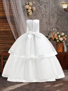 Tween Girls Round Neck White Lace Mesh Flower Girl Dress Suitable For Party, Headband Not Included - White - View 2