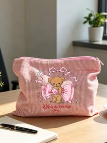Bolsa de Maquiagem Portátil, Estampa de Laço de Urso, Bolsa de Maquiagem de Tecido Waffle, Bolsa de Armazenamento de Maquiagem de Viagem com Estampa Fofa, Bolsa de Armazenamento de Lona Xadrez Simples, Bolsa de Armazenamento de Cosméticos, Bolsa de Armazenamento de Tecido Multifuncional, Estojo de Lápis de Papelaria Feminino, Adequado para Deslocamento, Viagem, Presente e Uso Diário, Presente Único para o Dia do Professor, Presente de Volta às Aulas, Presente de Aniversário, Presente para Professor, Presente de Festa - Multicolorido - Visão 11