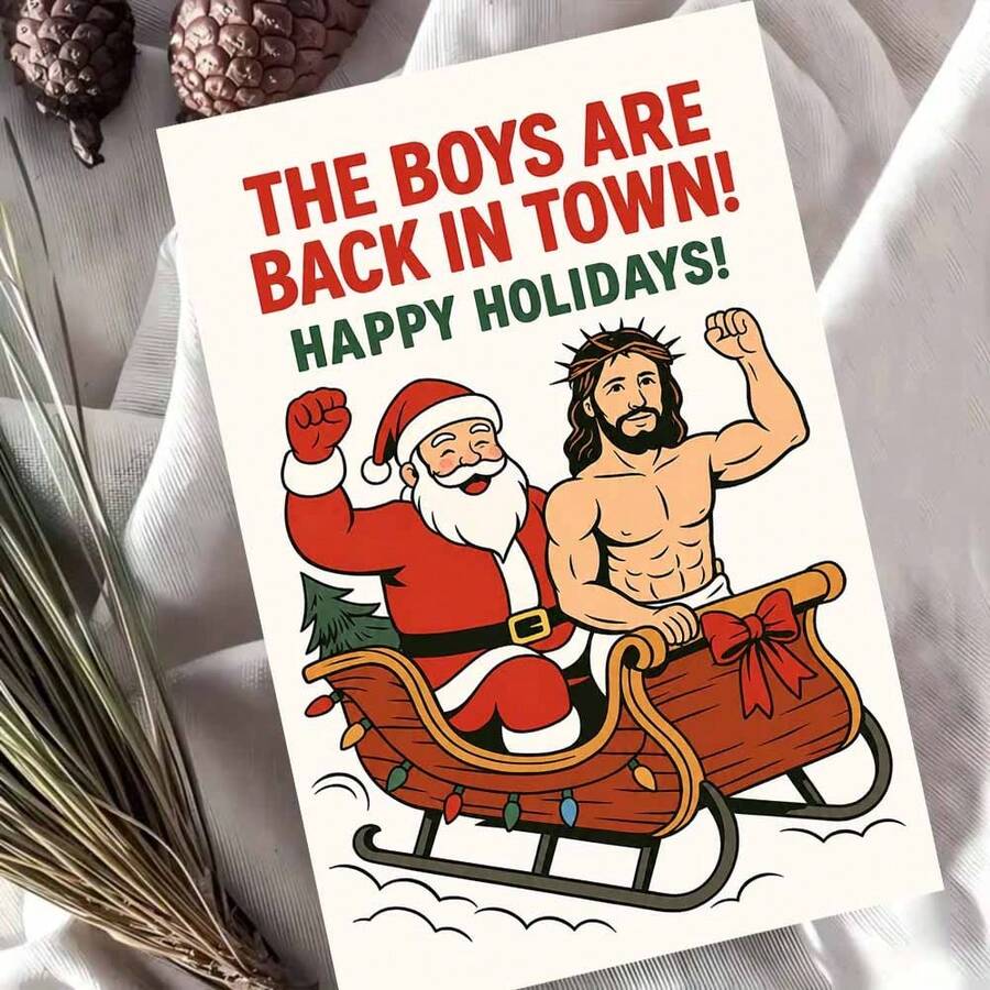 1張幽默節日賀卡 + 1個信封,聖誕老人與朋友在雪橇中「The Boys Are Back In Town」最佳好友款,冬季節慶趣味風格 - 查看 1