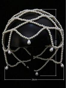 1 Peça Tiara de Noiva Vintage com Pérola Falsa em Formato de Gota d'Água, Acessório de Passarela Feito à Mão com Contas, Ornamento de Cabelo de Malha da Moda - Branco - Visão 3