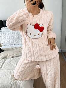 SANRIO 2pcs/Set Women's Winter Hello Kitty Plush Thick Fleece Crew Neck Long Sleeve Pants Pajama Set - Apricot - View 5