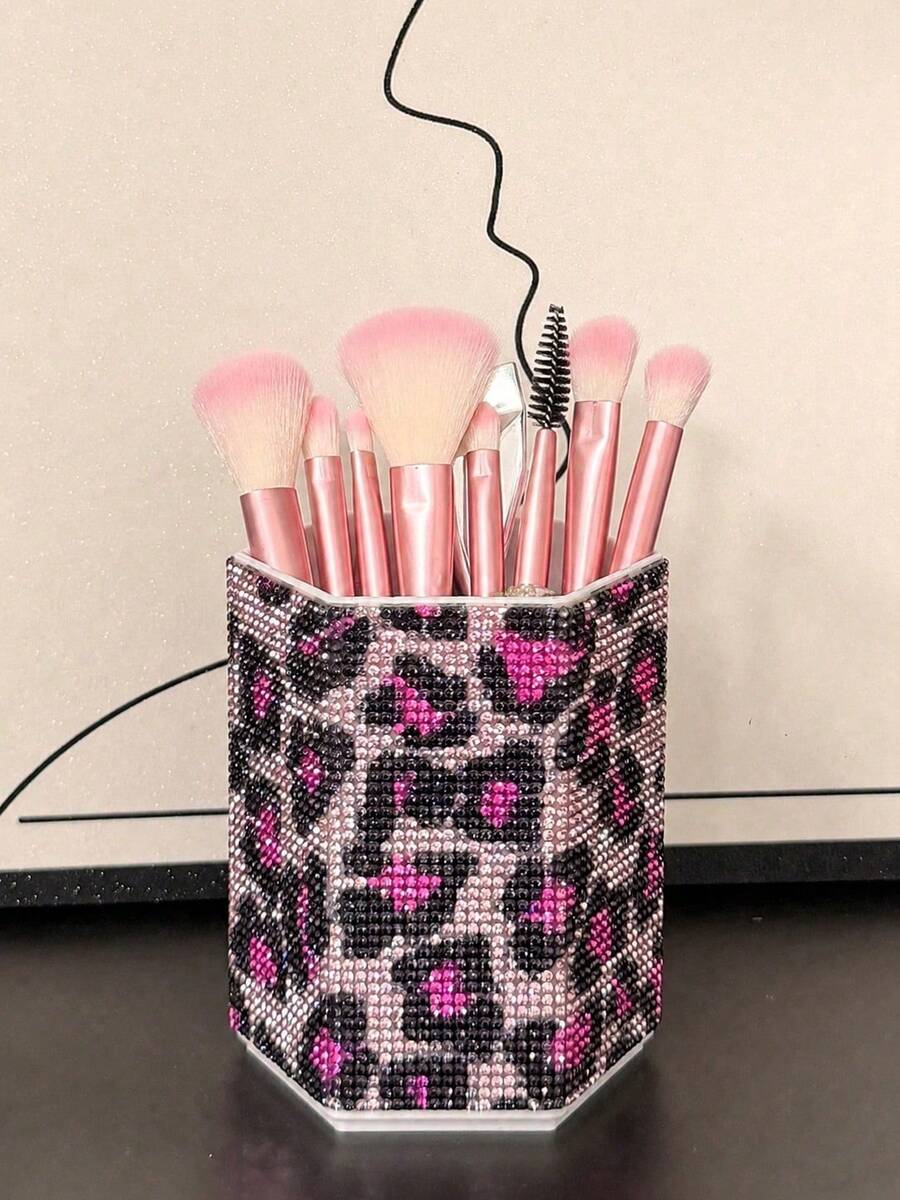 Rhinestone Leopard Print Hexagonal Makeup Brush Holder, Large Capacity, Surface Inlaid With Colorful Rhinestones, Luxury Sparkling Style, Full Rhinestone Pattern, Hexagonal Column Shape, Neat Edge Details, Makeup Tool Container, Suitable For Bedroom Vanity, Makeup Room Desktop And Other Scenes - Multicolor - View 1