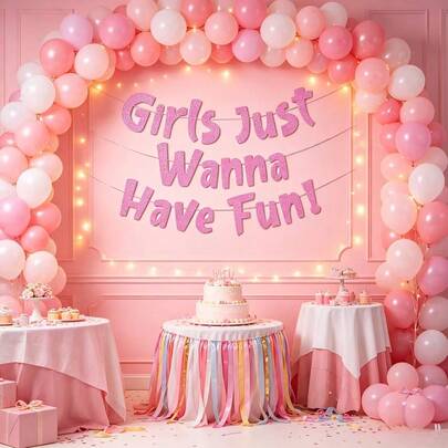 1 Conjunto/Bandeira de Glitter Rosa Girls Just Wanna Have Fun/Bandeira de Festa da Melhor Amiga/Decoração de Parede Pendurada para Festa de Aniversário e Despedida de Solteira/Bandeira de Tema Diversão para Meninas/Decoração de Festa de Aniversário e Despedida de Solteira para Reunião de Melhores Amigas