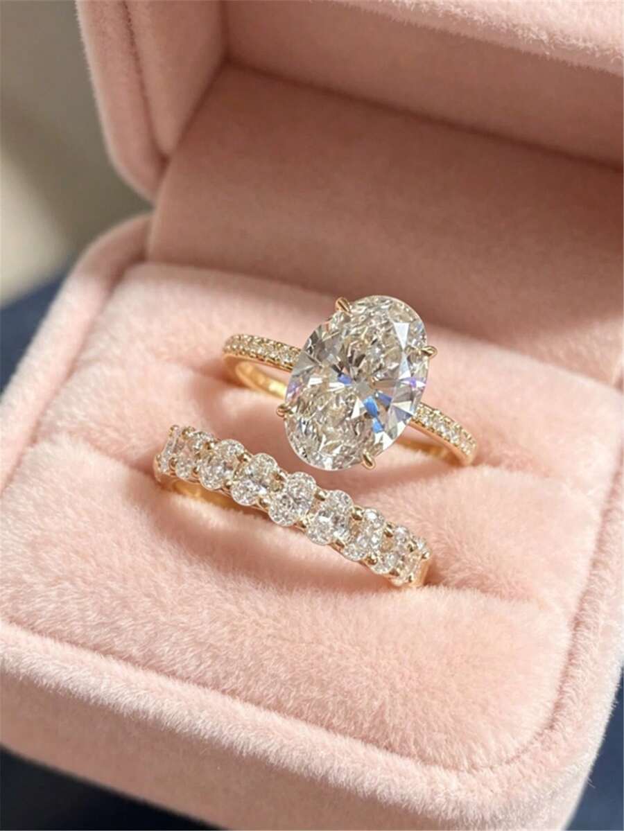 2PCS Luxury Elegant Style Alloy Inlaid Cubic Zirconia Ring Set, European And American Women's Fashion Engagement Wedding Gift High-End Jewelry Accessory, Niche Design Jewelry - Gold - View 1