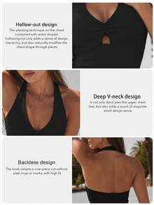 Sodalemon Women's Halter Neck Ruched Bust Fitness Tank Top, Hollow Back Sleeveless Sports Vest For Gym Training, Yoga, Running - Black - View 3