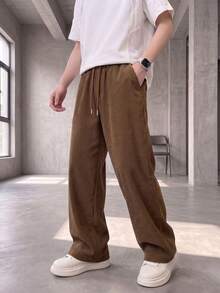GRDR Men's Casual Drawstring Elastic Waist Loose Drapey Corduroy Wide Leg Long Pants - Coffee Brown - View 3