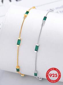 1pc S925 Sterling Silver Minimalist Ins Cold Style Elegant Green Geometric Square Diamond Bracelet, Fashionable Luxury Niche Exquisite Personalized High-End Square Green Diamond Box Chain, Versatile Jewelry Holiday Gift - Square - View 11