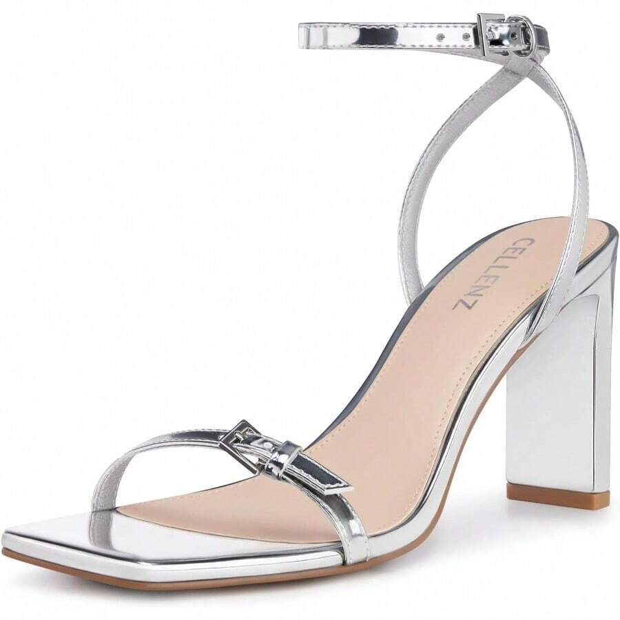 Strappy Women High Heels: 3.4 Inch Sexy Wide Heel Sandals, Square Open Toe Heeled, Comfortable Prom Party Wedding Shoes - 8 + Silver - View 1