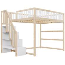 Kids Bed Frame 140x200 With Ladder, High Bed Frame Of Solid Wood With Mattress And Star/Moon - Natural and White - 查看 6
