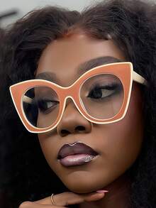 1PC Women's Retro Cat Eye Contrast Color Y2K Sweet Cool Style Fashion Street Plain Lens Glasses Frame - Clear - View 16