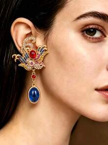A Pair Of Court-Style Long Phoenix Earrings With Gradient Colored Gems And Wing Design, Perfect As A Holiday Accessory And A Gift For Women - Blue - View 3