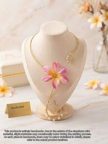 Women's Adjustable Handmade Wrap Necklace, Faux Plumeria Pearl Choker, Bohemian Pink Floral Necklace, Suitable For Party, Vacation, Wedding And Daily Wear - Pink - View 7